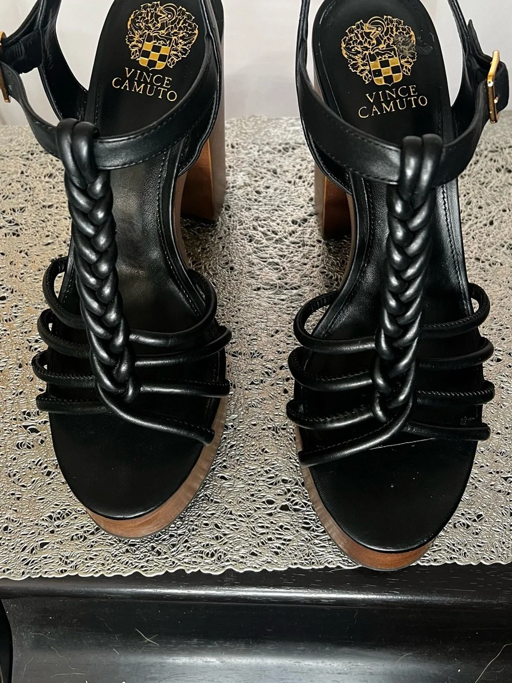 Vince Camuto Black Braided T-Strap Platform Sandal with Wood-Look Heel